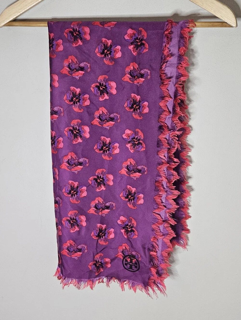 Tory Burch Pansy Silk Scarf Purple Red Logo Fringe Edge 37